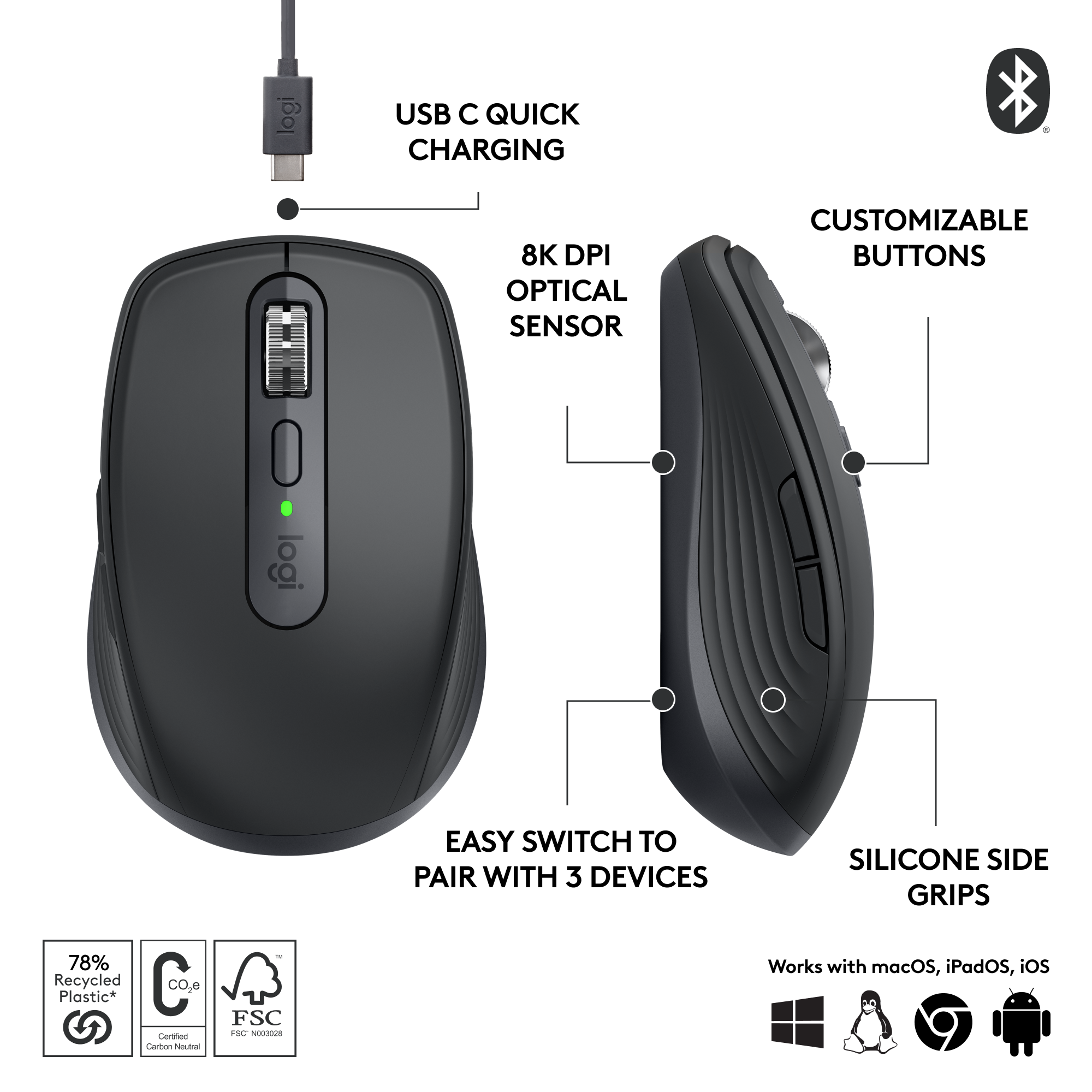 Schwarze Computermaus mit Seitengriffen, Tasten und Scrollrad. Inkl. USB-C-Laden.