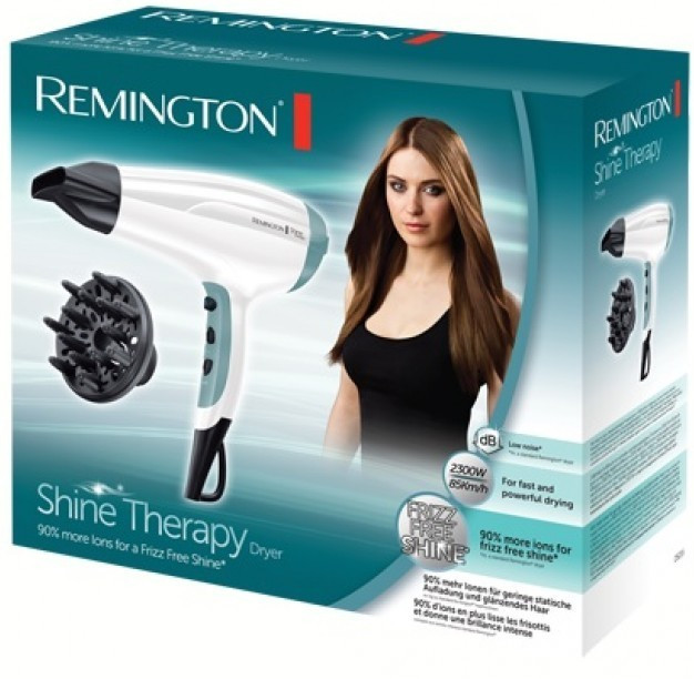Doboz fehér hajszárítóval és egy nővel. Fekete diffúzora van, és a Shine Therapy felirat.