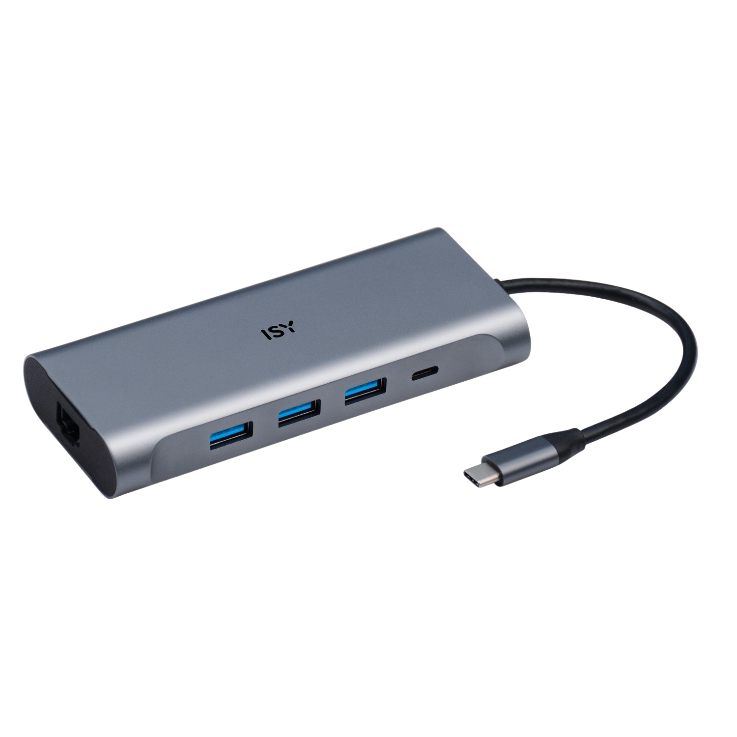 Grijze ISY USB hub. Het heeft meerdere USB-poorten, een USB-C-connector en een HDMI-poort.