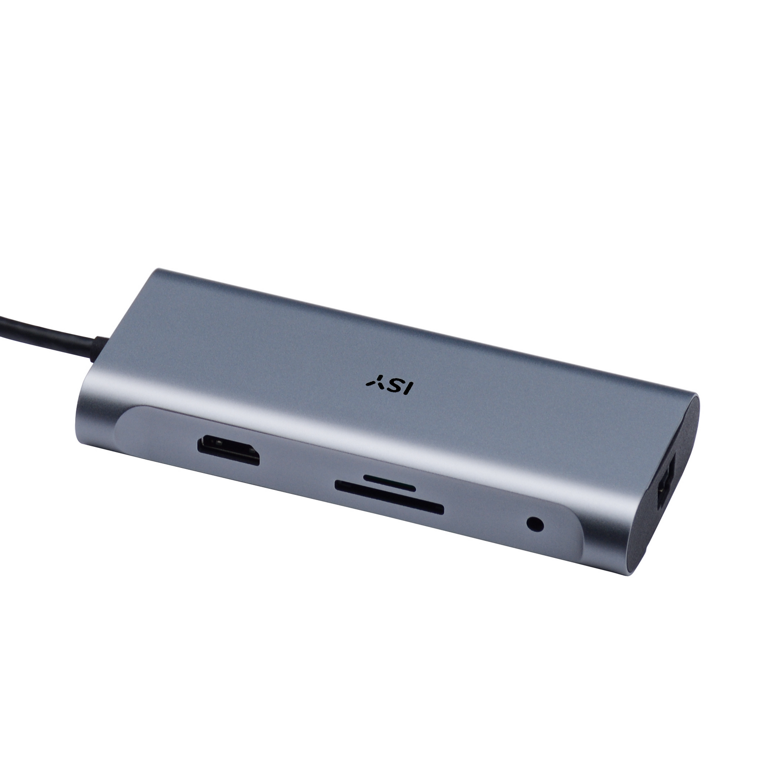 Grijze USB-C hub met poorten. Kabel aangesloten. Geïsoleerd op witte achtergrond.