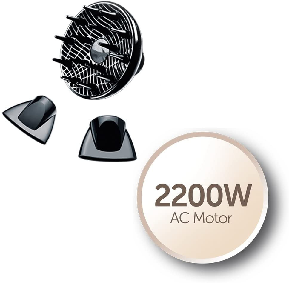 Fekete hajszárító-tartozékok fehér háttéren. Egy 2200 W-os AC motor címke.
