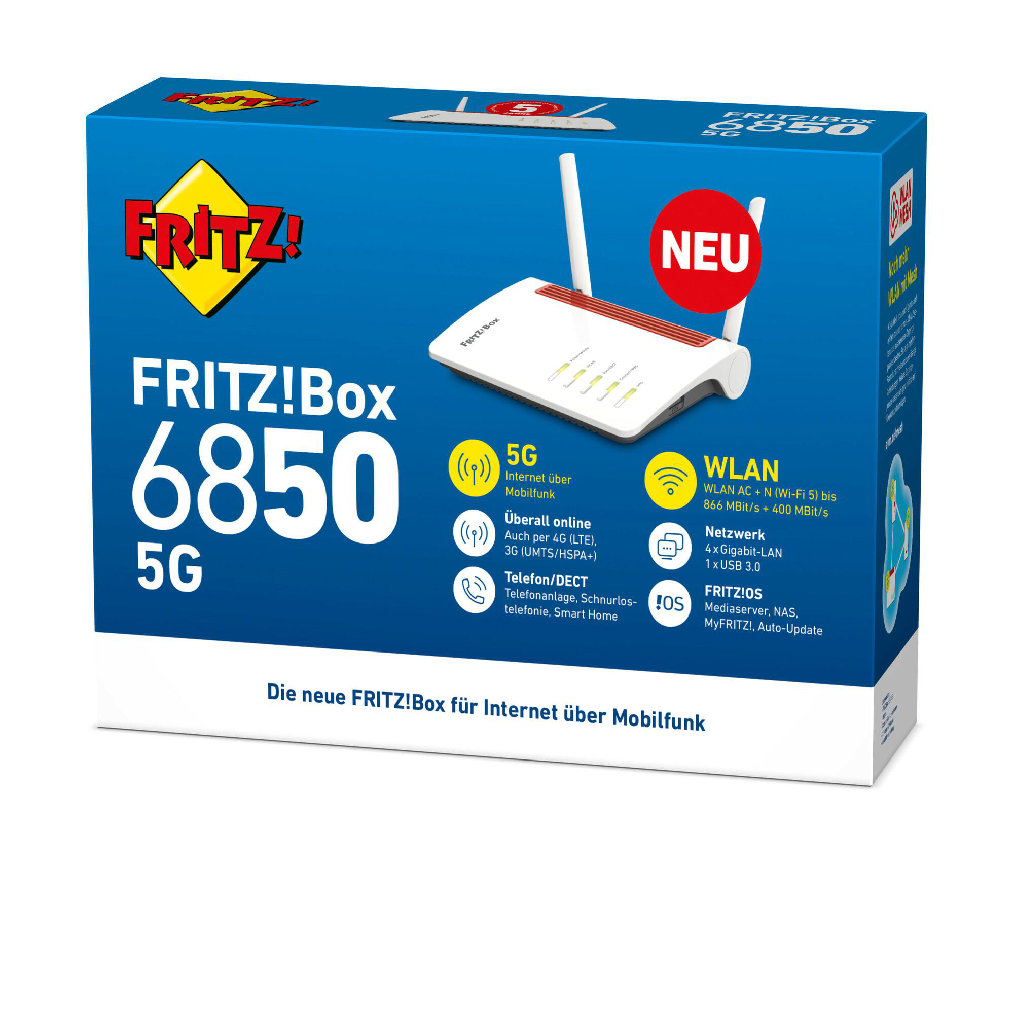 Karton der FRITZ!Box 6850 5G Router mit Produktbildern und Text auf weißem Hintergrund.