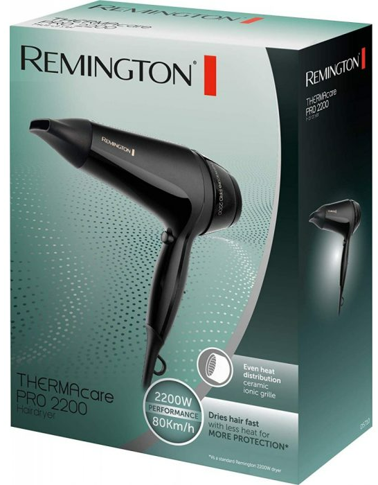 Fekete Remington ThermaCare Pro 2200 hajszárító doboz, a hajszárító képével és funkcióival.