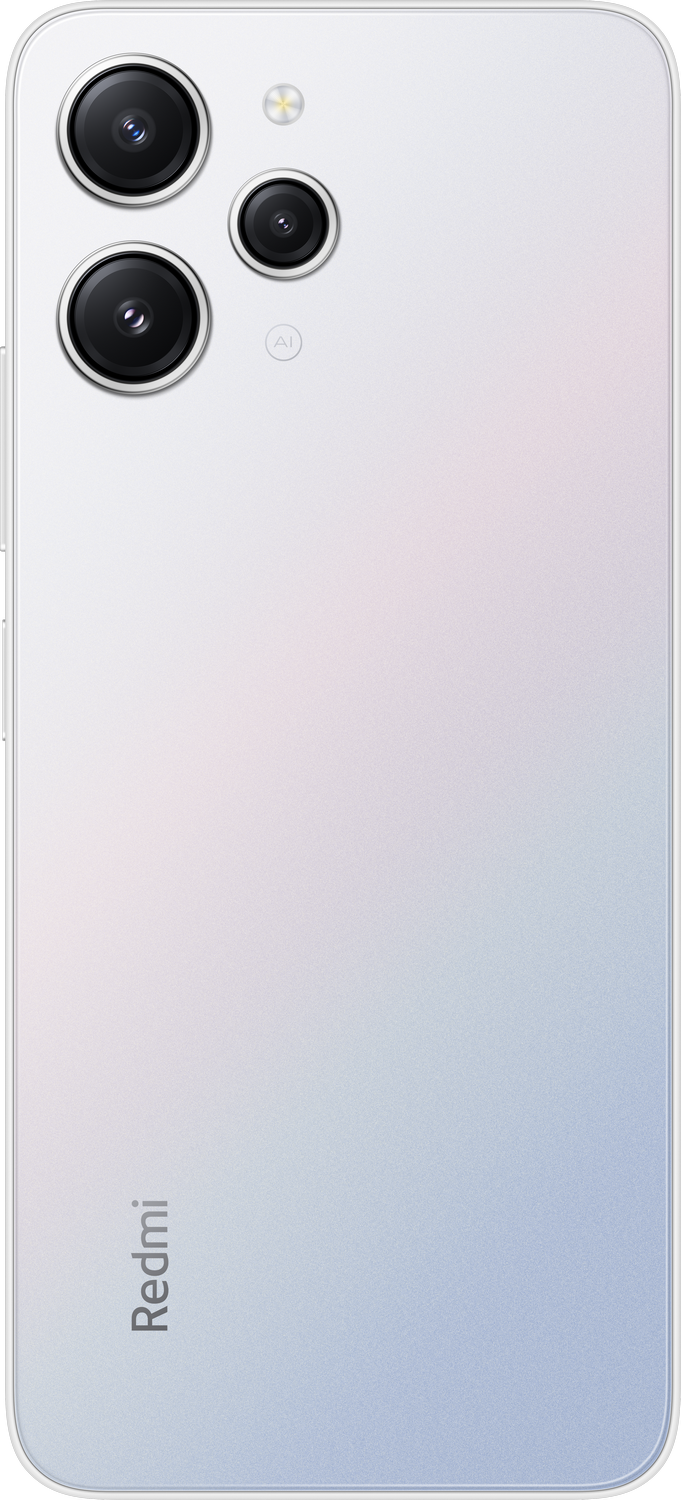 Parte trasera de smartphone blanco con tres lentes de cámara, flash y logotipo Redmi.