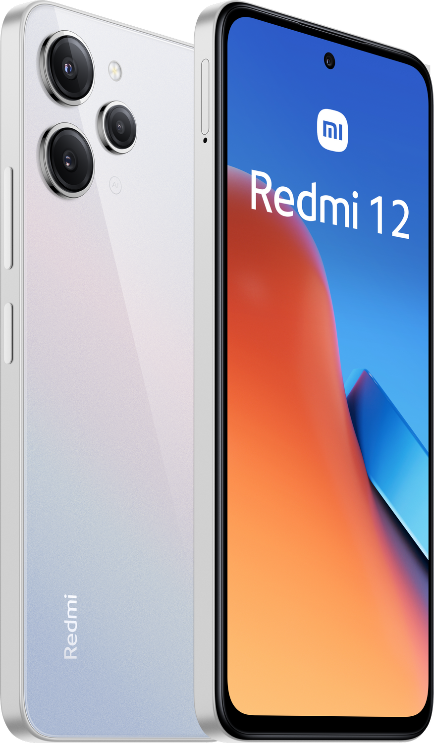 Un smartphone Redmi 12 blanco y plateado con configuración de triple cámara y pantalla azul.
