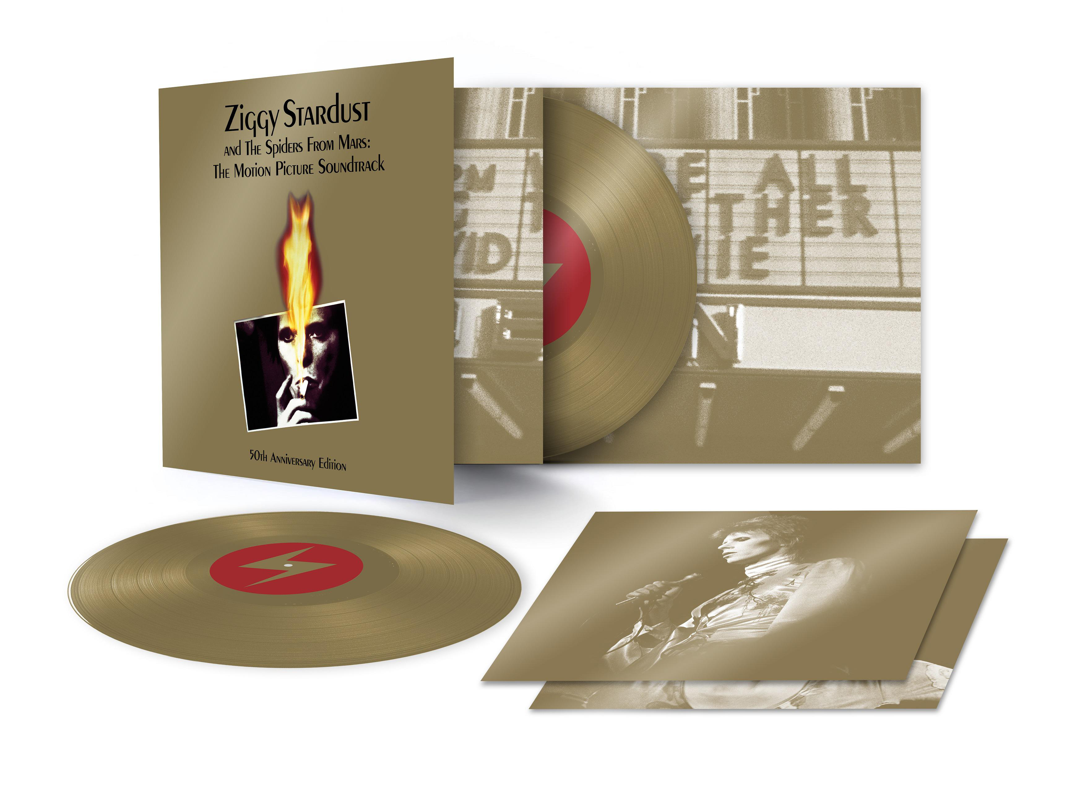 Ziggy Stardust Albumcover und goldene Vinyl-Schallplatte mit Blitz-Label und zusätzlichem Artwork.