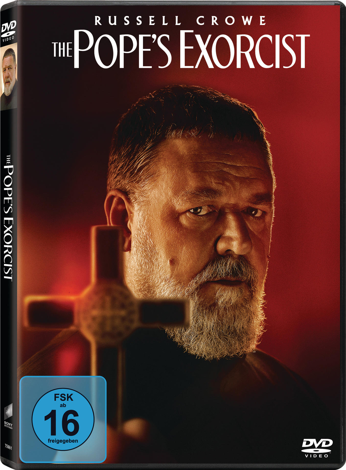 The Pope's Exorcist DVD-Cover mit Russell Crowe, dem Kreuz und dem Filmtitel.