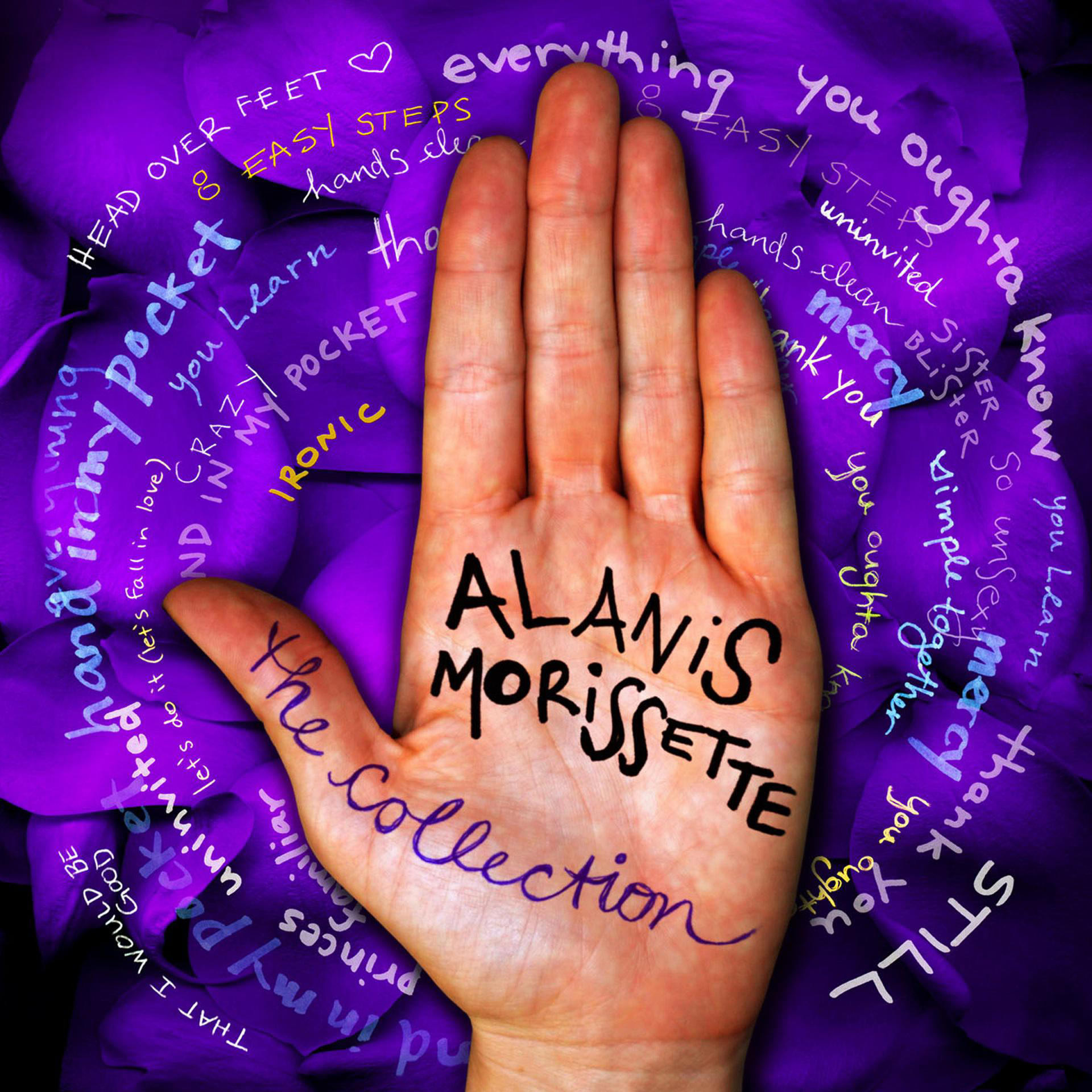 Hand mit Alanis Morissettes Namen, umgeben von Text und lila Blütenblättern.