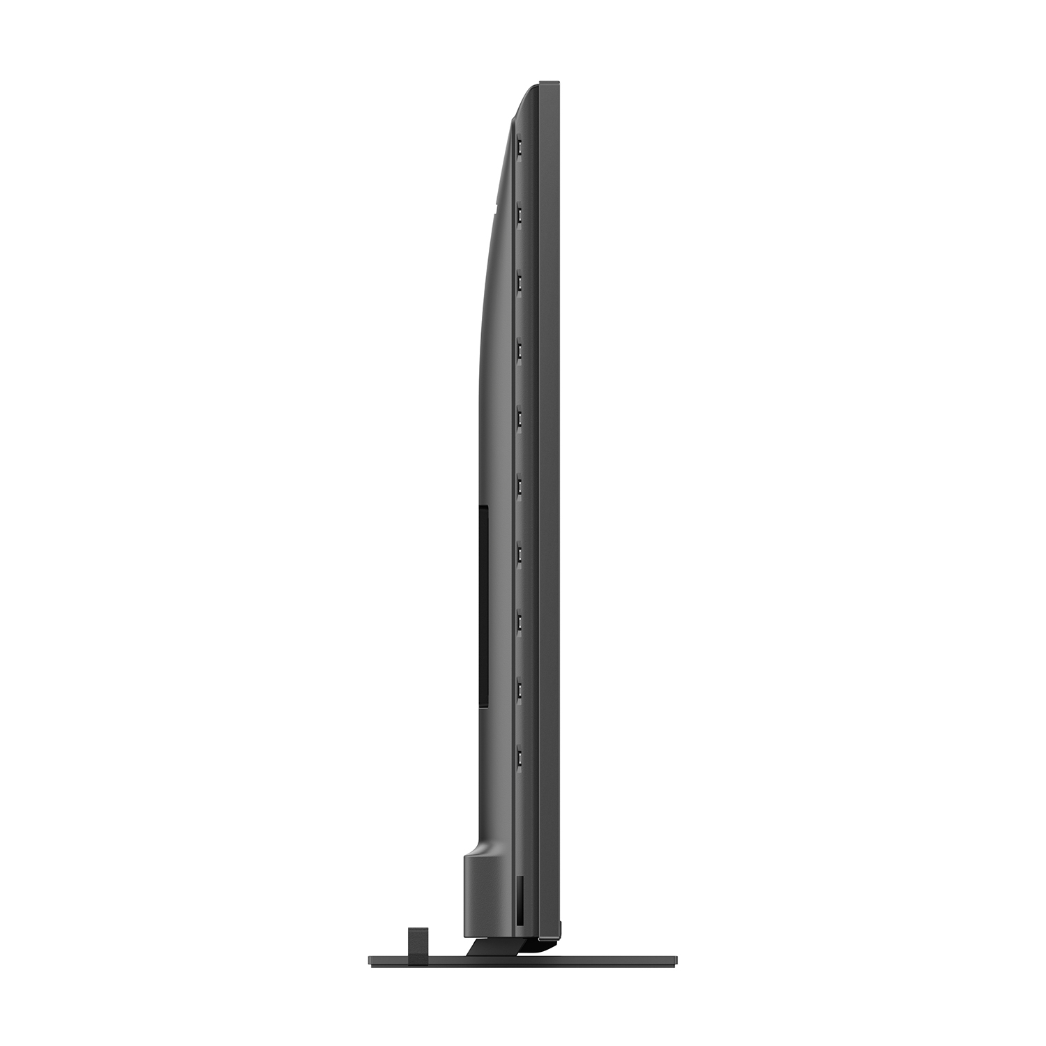 Vista laterale di una TV sottile con cornice grigia su un supporto.