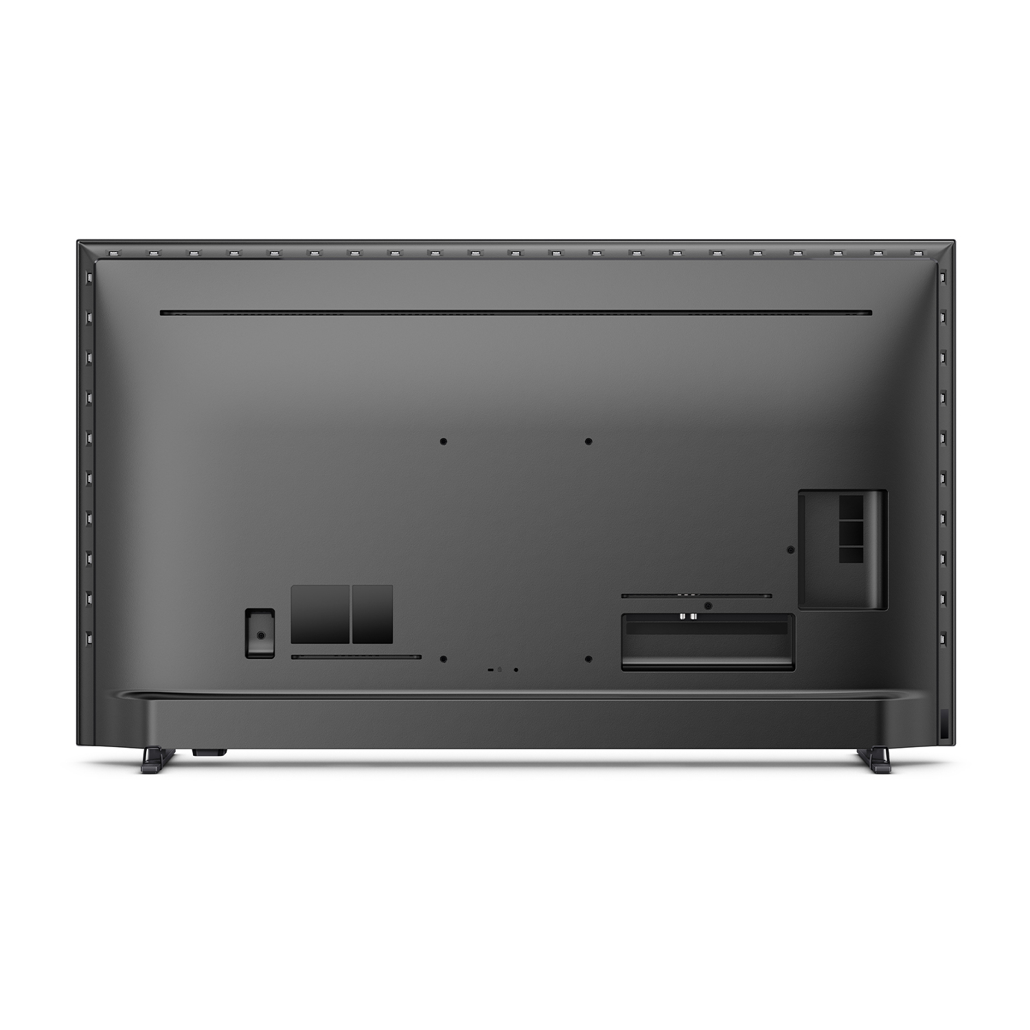 Vista posteriore di una TV nera con porte e supporto.