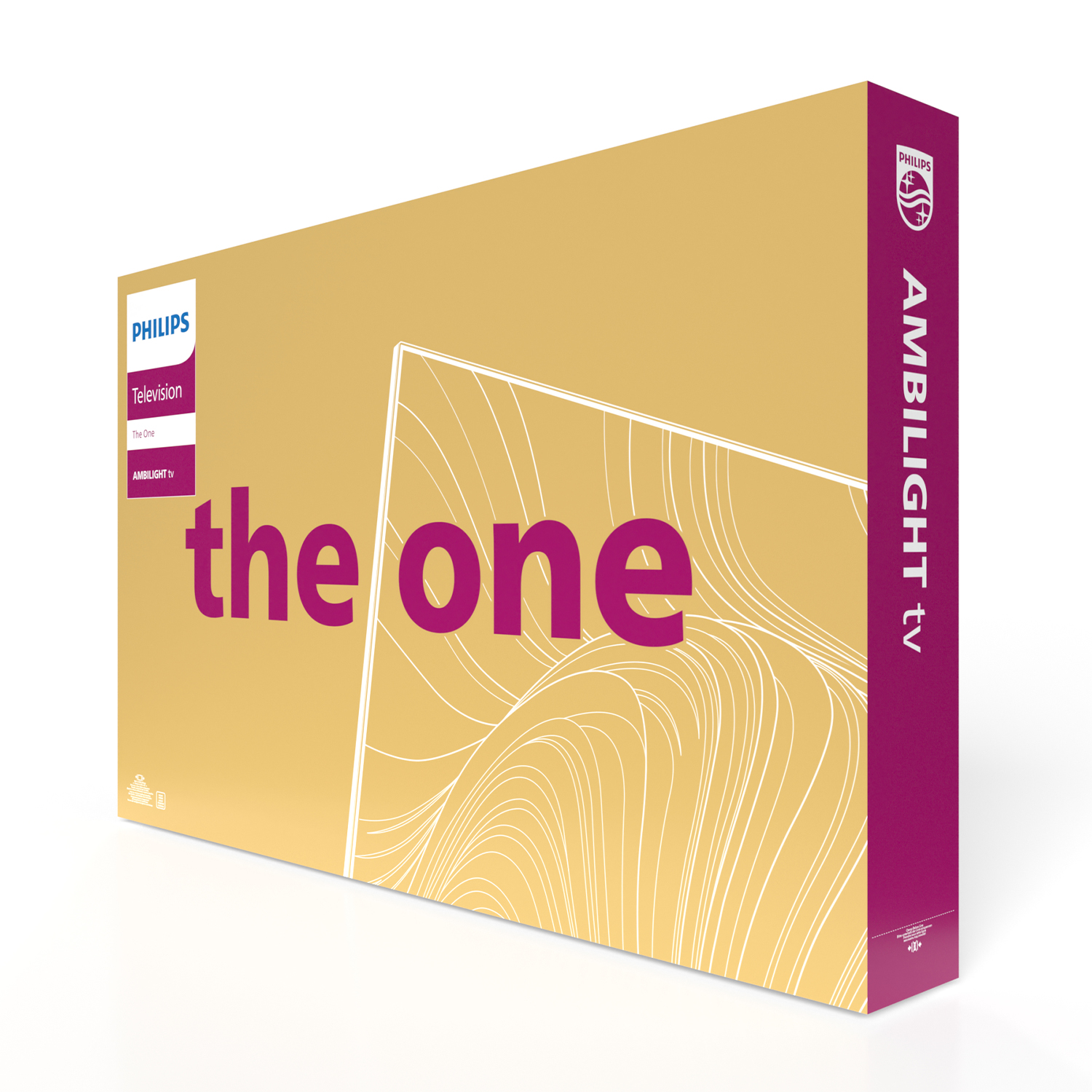 Una scatola TV Philips 'the one' color giallo senape con il logo Ambilight visibile.