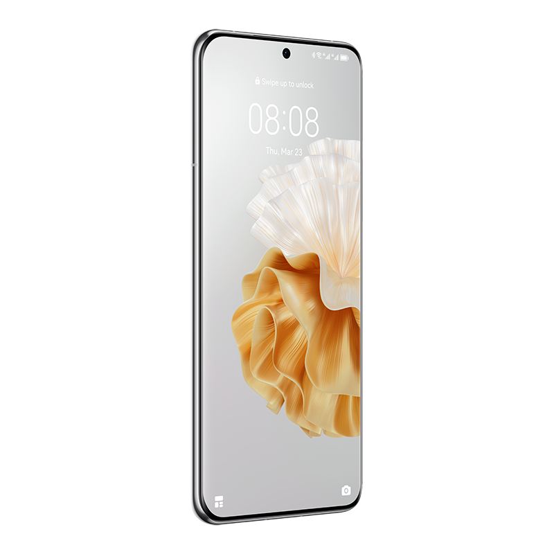 Siyah arka planda akıllı telefon. Ekran zamanı ve beyaz çiçek görüntüsü gösteriyor.