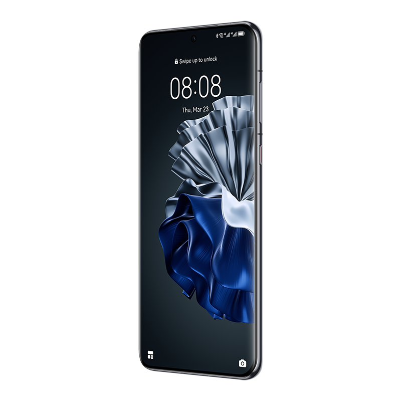 Kavisli bir ekrana sahip siyah bir akıllı telefon. Ekran, zamanı ve akan mavi ve gümüş bir tasarımı gösterir.