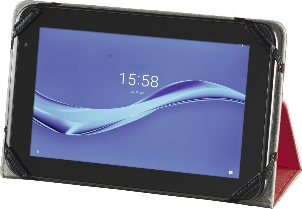 Tablet w szarej obudowie, wyświetlający niebieski wzór fali na ekranie, z czerwoną osłoną.