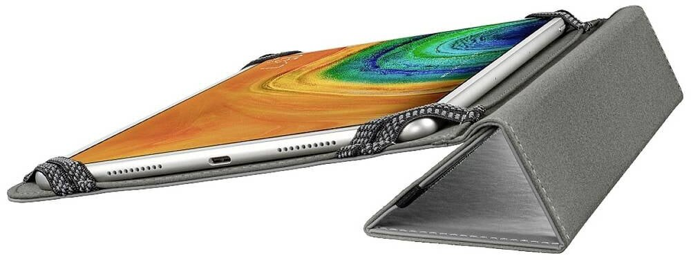 Szary tablet w szarym etui, częściowo otwarty, z ekranem i rysikiem.