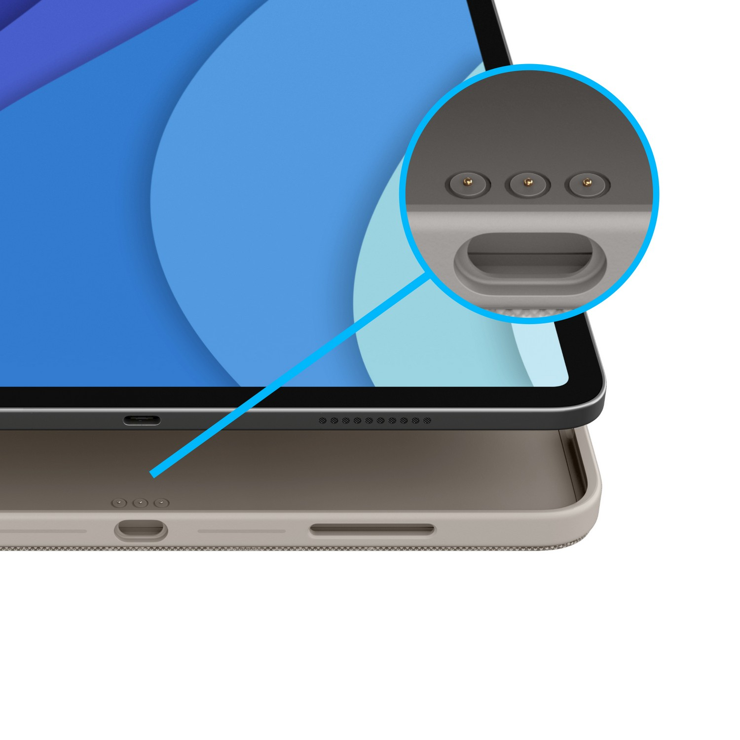 Gros plan du bord supérieur d'une tablette, montrant les ports de charge et un détail grossi.