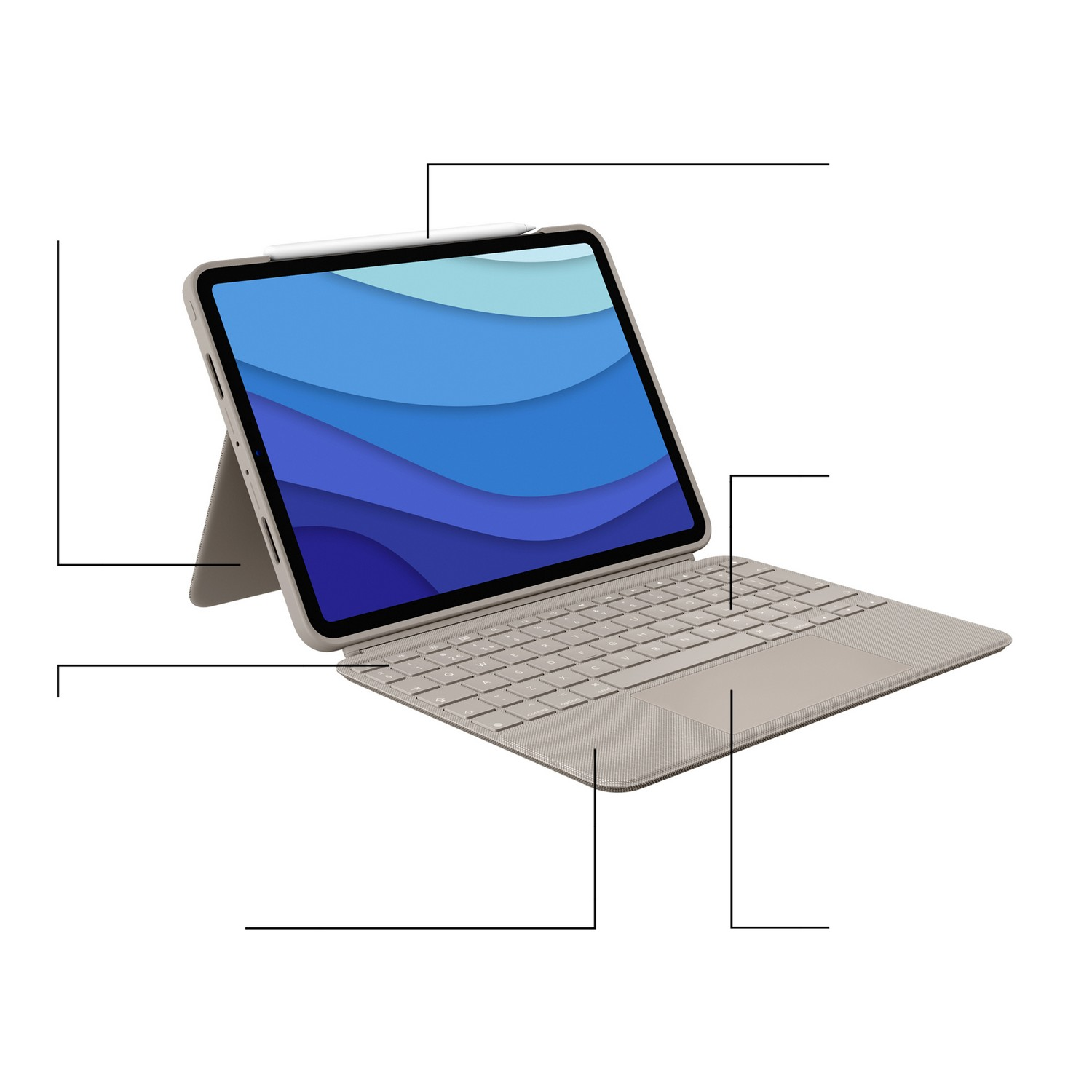 Tablette avec clavier. L'écran affiche une image abstraite bleue. Un stylet est attaché.