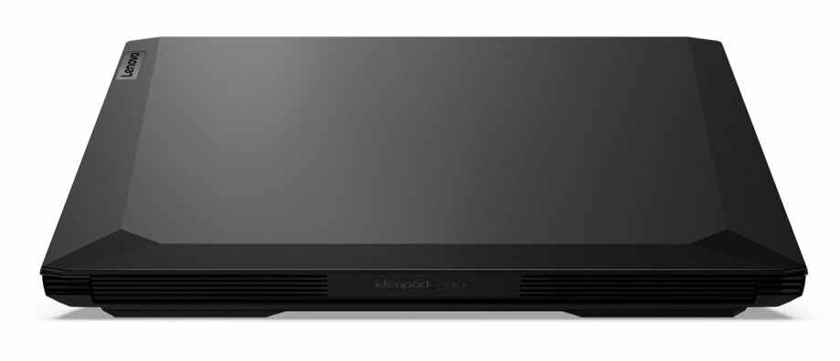 Czarny laptop Lenovo zamknięty, z logo Ideapad, na białym tle.