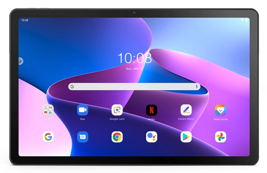 Tablet wyświetlający kolorowy interfejs z ikonami aplikacji i godziną.