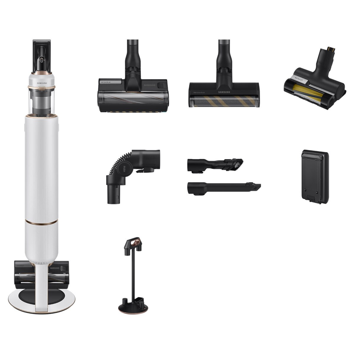 Biały i złoty odkurzacz oraz jego akcesoria. Zawiera stojak i różne głowice czyszczące.