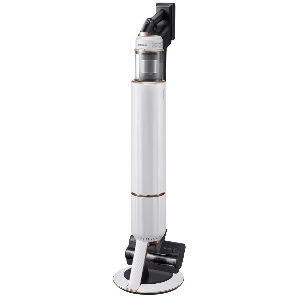 Biały odkurzacz, z czarną górą i podstawą, stojący na białej powierzchni.