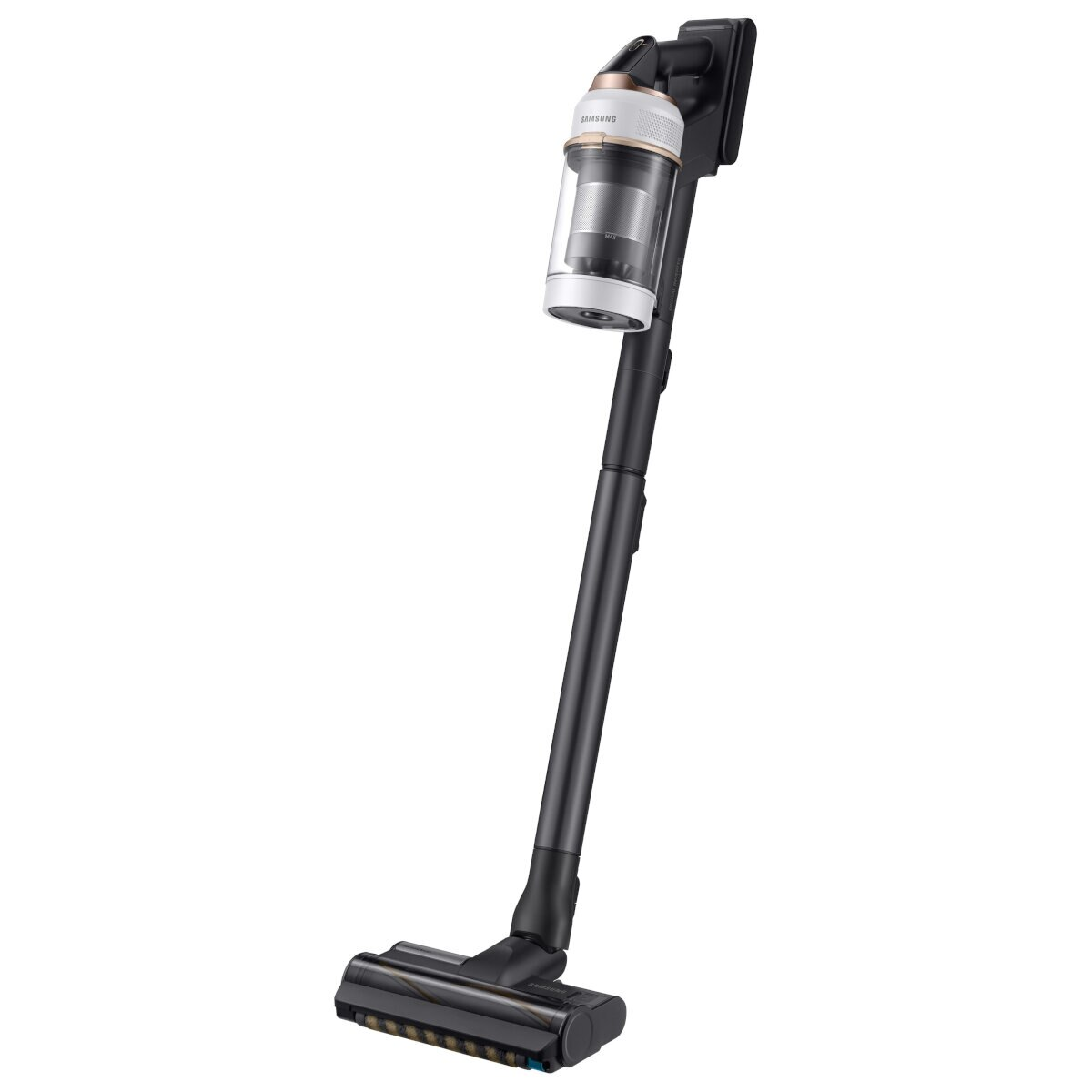 Bezprzewodowy czarno-złoty odkurzacz Samsung, w pozycji stojącej na białym tle.