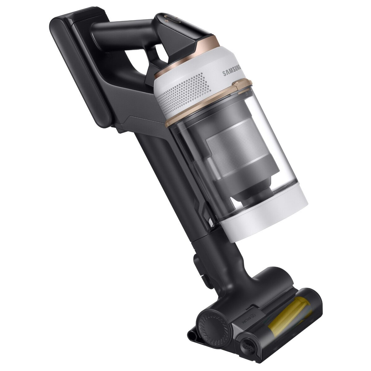 Czarno-biały odkurzacz bezprzewodowy w widoku pod kątem, pokazujący elementy.