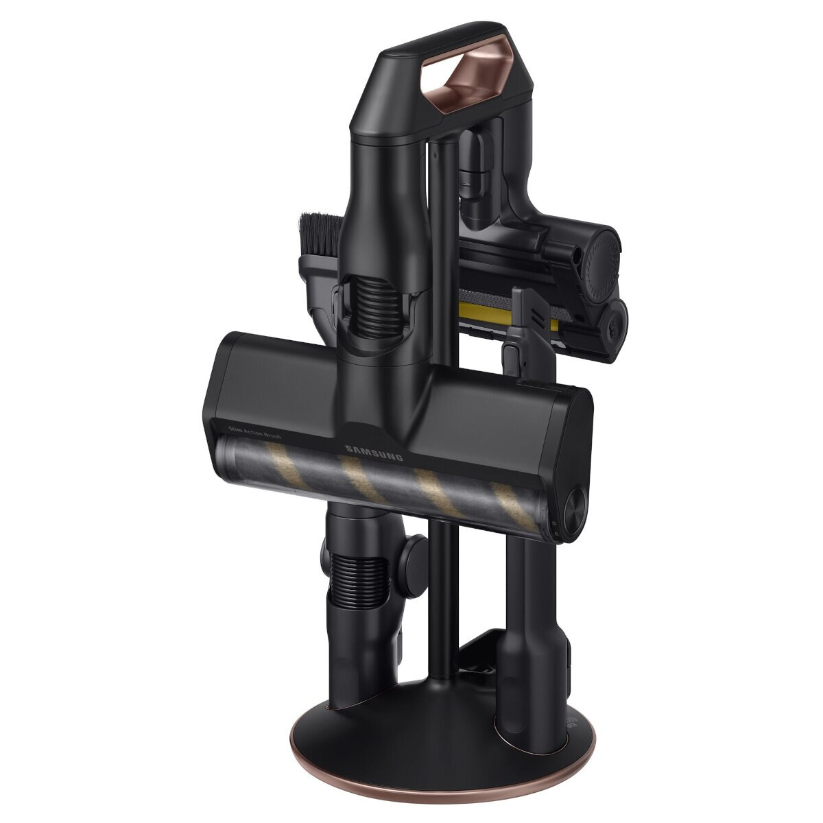 Czarny odkurzacz Samsung na stojaku. Zawiera jednostkę główną, szczotkę i inne akcesoria.