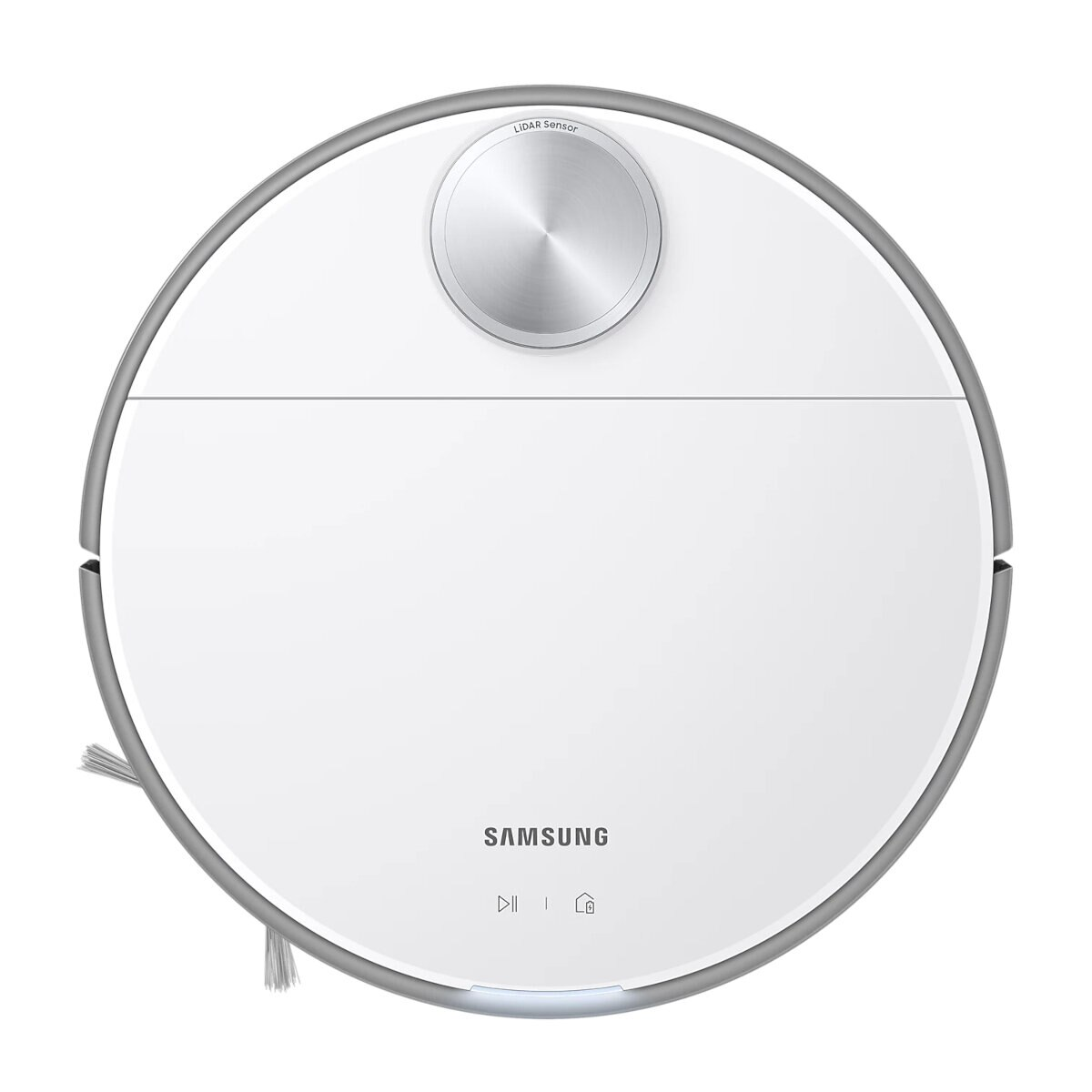 Biały, okrągły odkurzacz automatyczny Samsung ze srebrną górą i czarną szczotką.