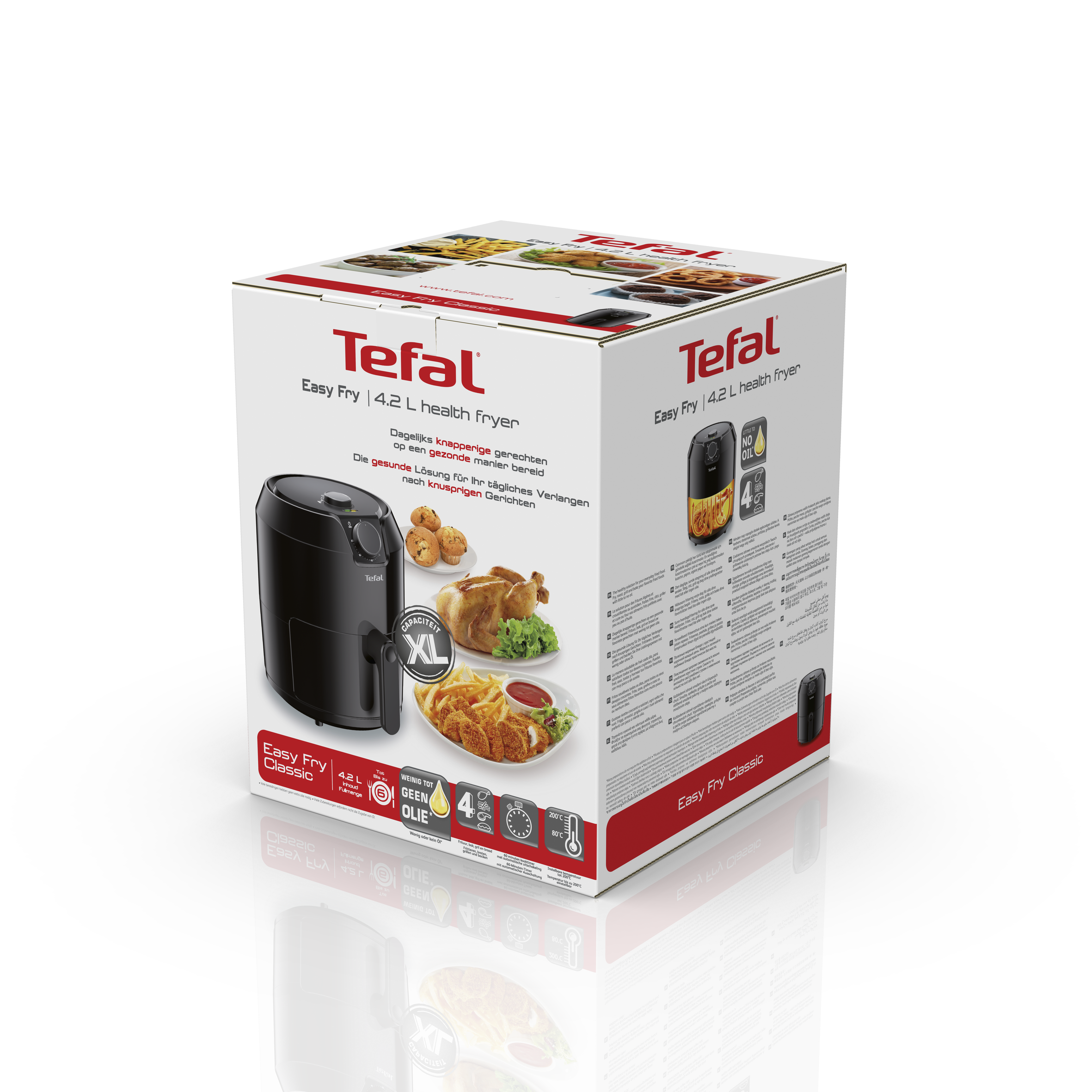 Caja de freidora de aire Tefal Easy Fry XL, freidora negra visible, con imágenes de comida, sobre fondo blanco.