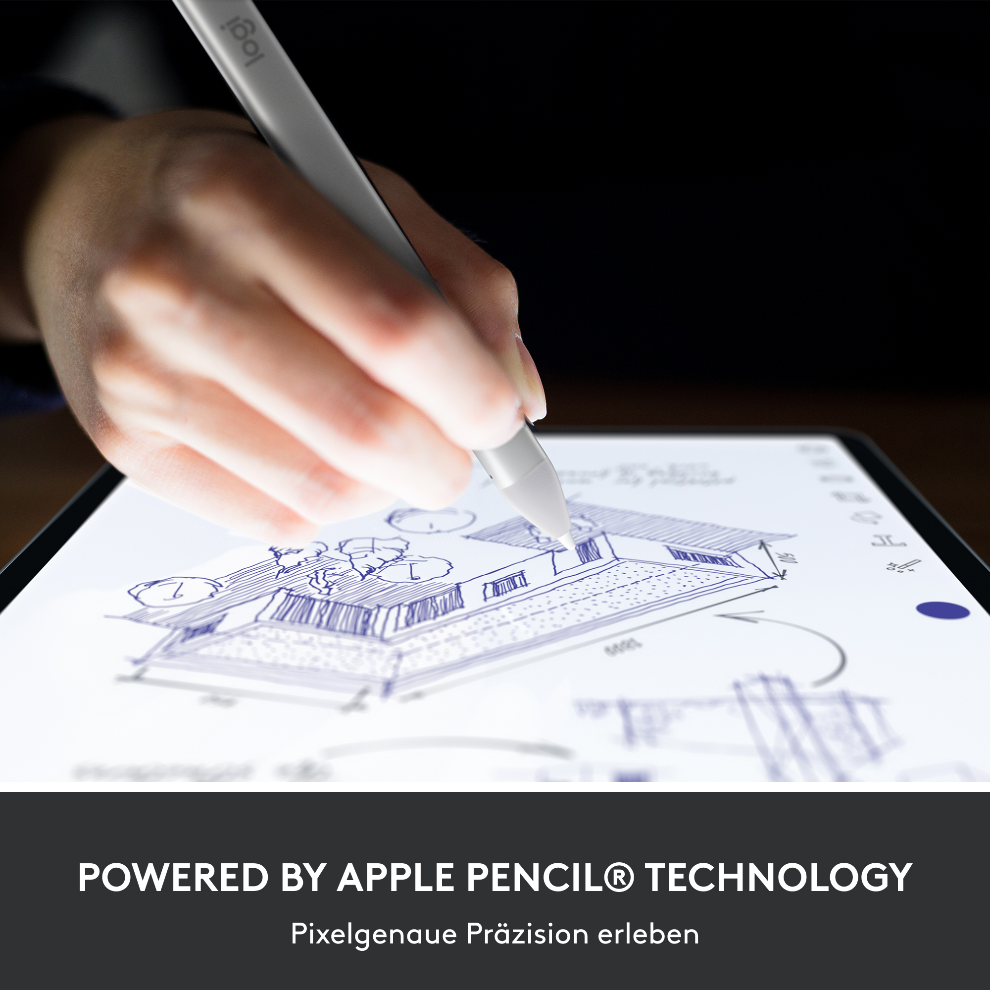 Eine Hand, die einen weißen Stift auf einem beleuchteten Tablet verwendet, mit Zeichnung und Text.