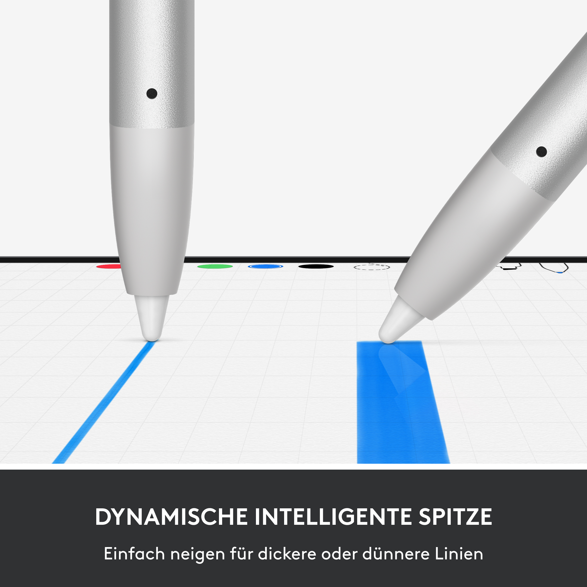 Zwei silberne Stifte zeigen auf eine blaue Linie und ein blau gefülltes Rechteck auf einem weißen Raster.