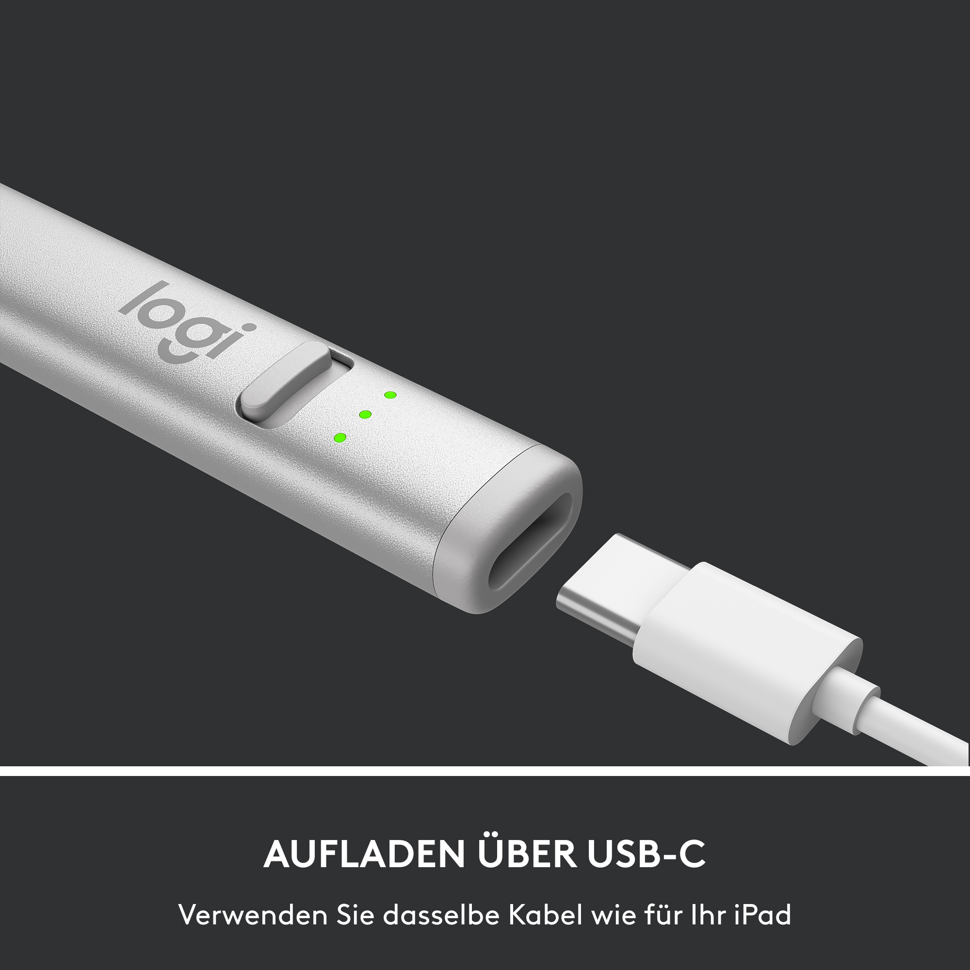 Ein silberner Stift mit grünem Licht ist in ein USB-C-Kabel eingesteckt. Das Logo 'logi' ist sichtbar.