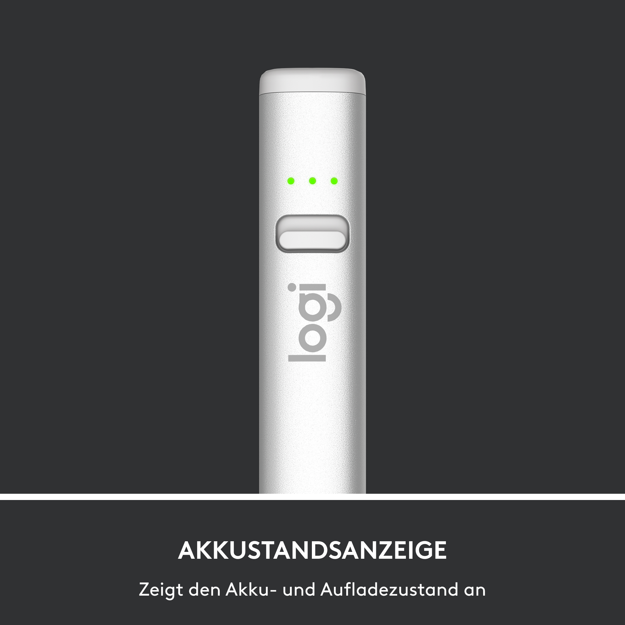 Weißes Logitech-Gerät mit Kontrollleuchten. Grüne Punkte zeigen den Batteriestand an. Logi-Logo sichtbar.