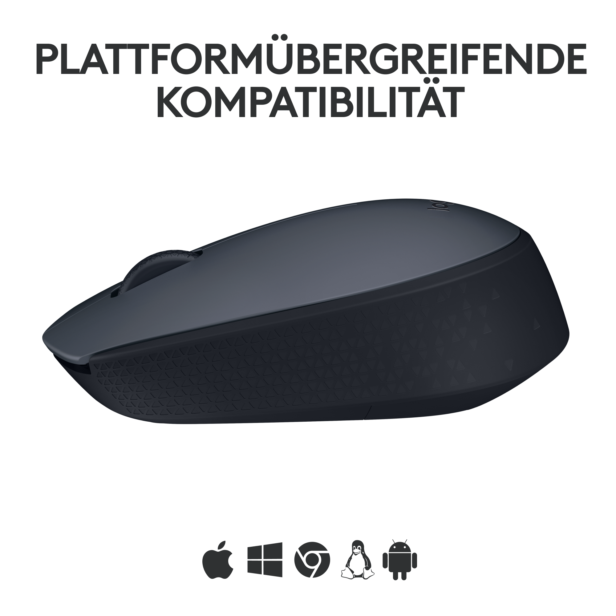 Eine schwarze Maus mit dem Text 'PLATFORMÜBERGREIFENDE KOMPATIBILITÄT' und Icons darunter.
