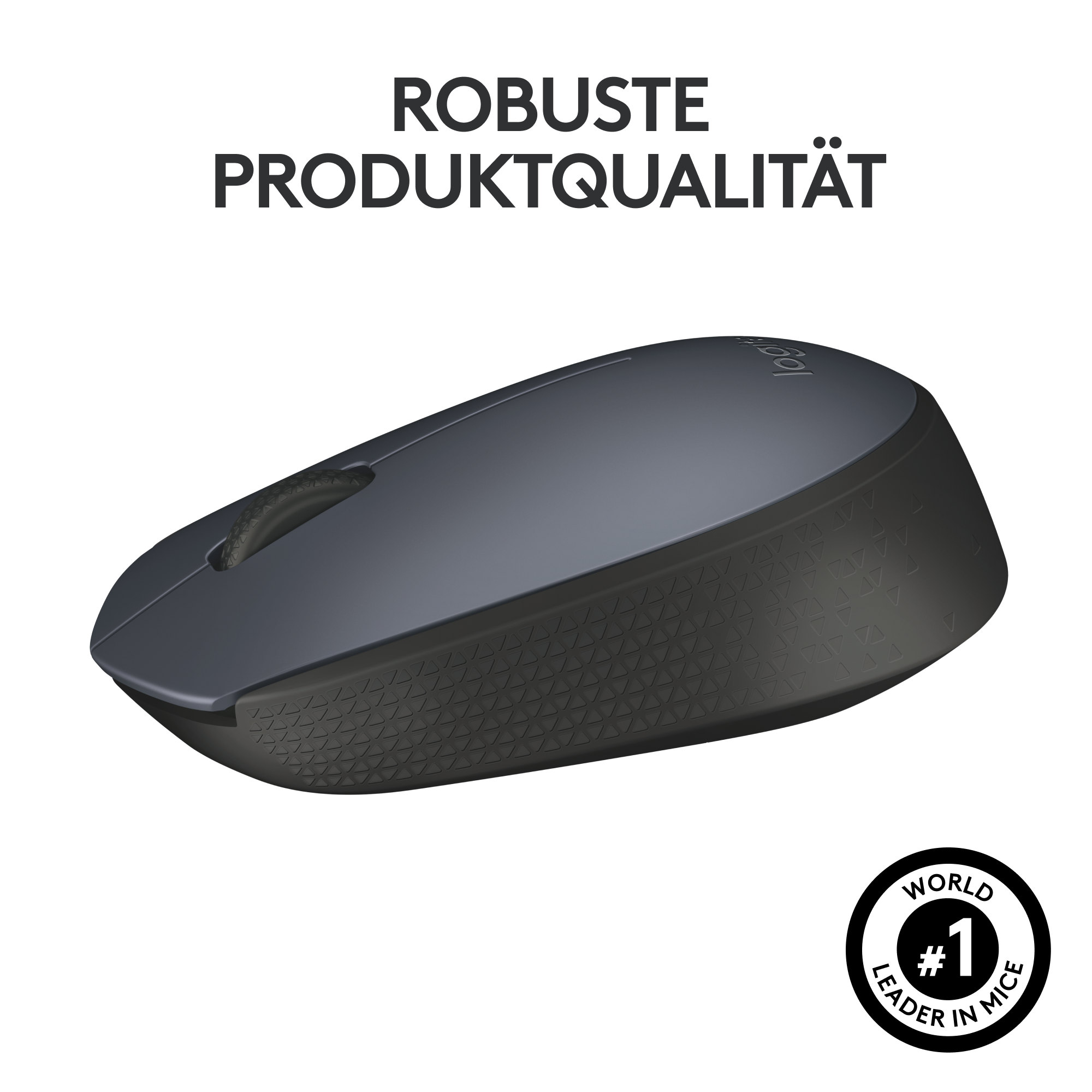 Eine dunkelgraue Computermaus mit strukturierter Seite und dem Schriftzug 'World #1 Leader in Mice'.