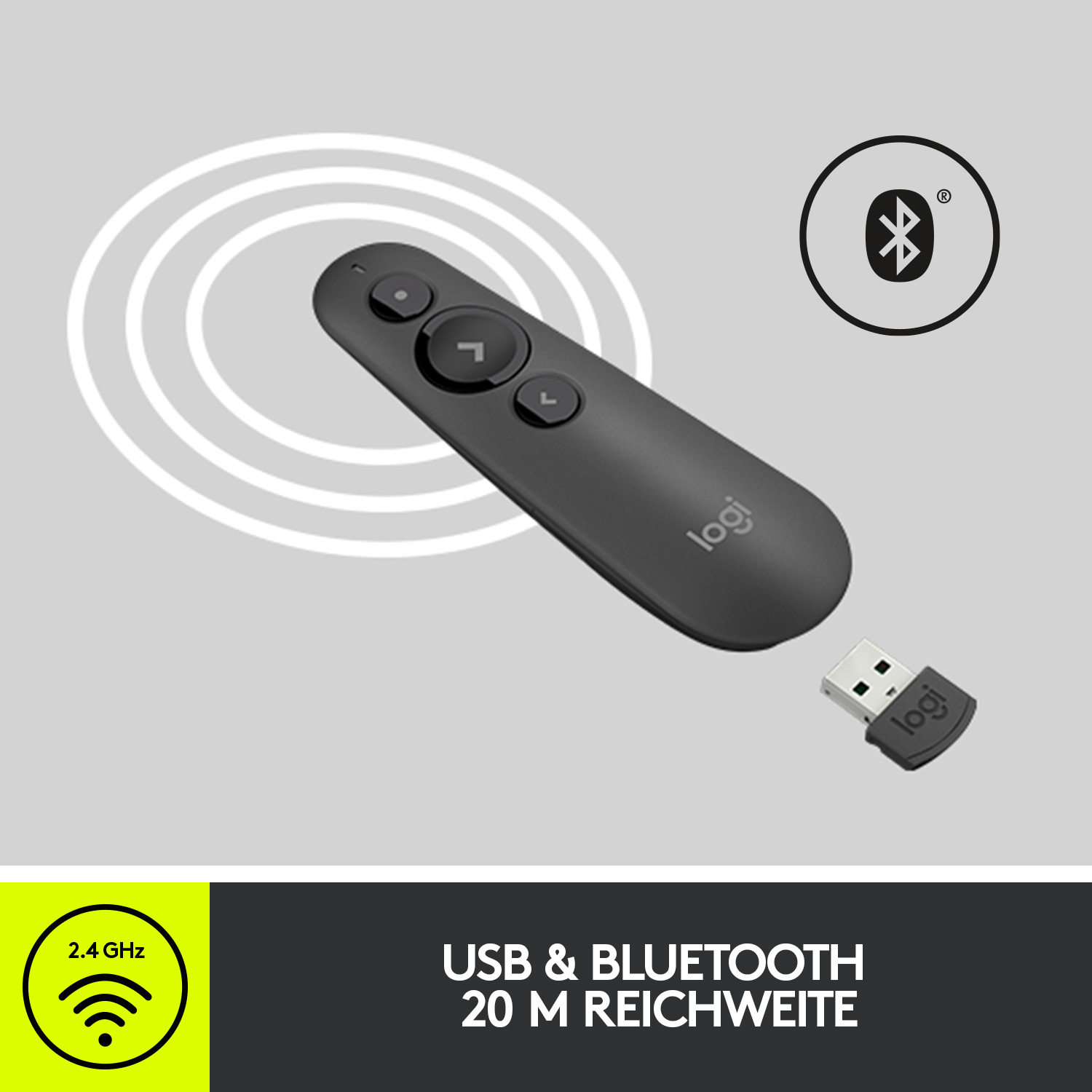 Schwarzer Logitech-Präsentationsgerät mit USB-Empfänger und Bluetooth-Symbol auf hellem Hintergrund.