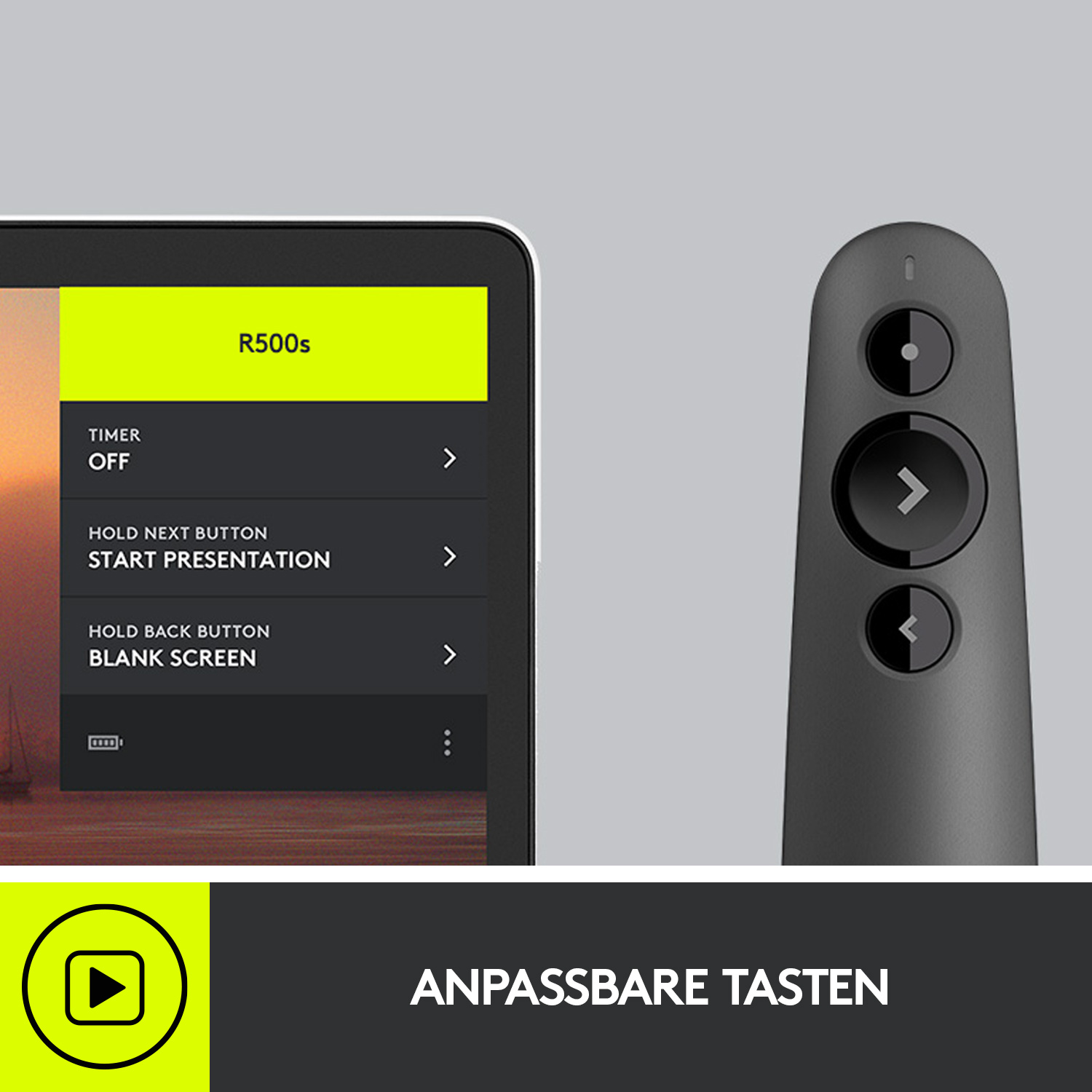 Eine schwarze Logitech Präsentationsfernbedienung. Ein Tablet-Bildschirm mit Präsentationsoptionen sichtbar.