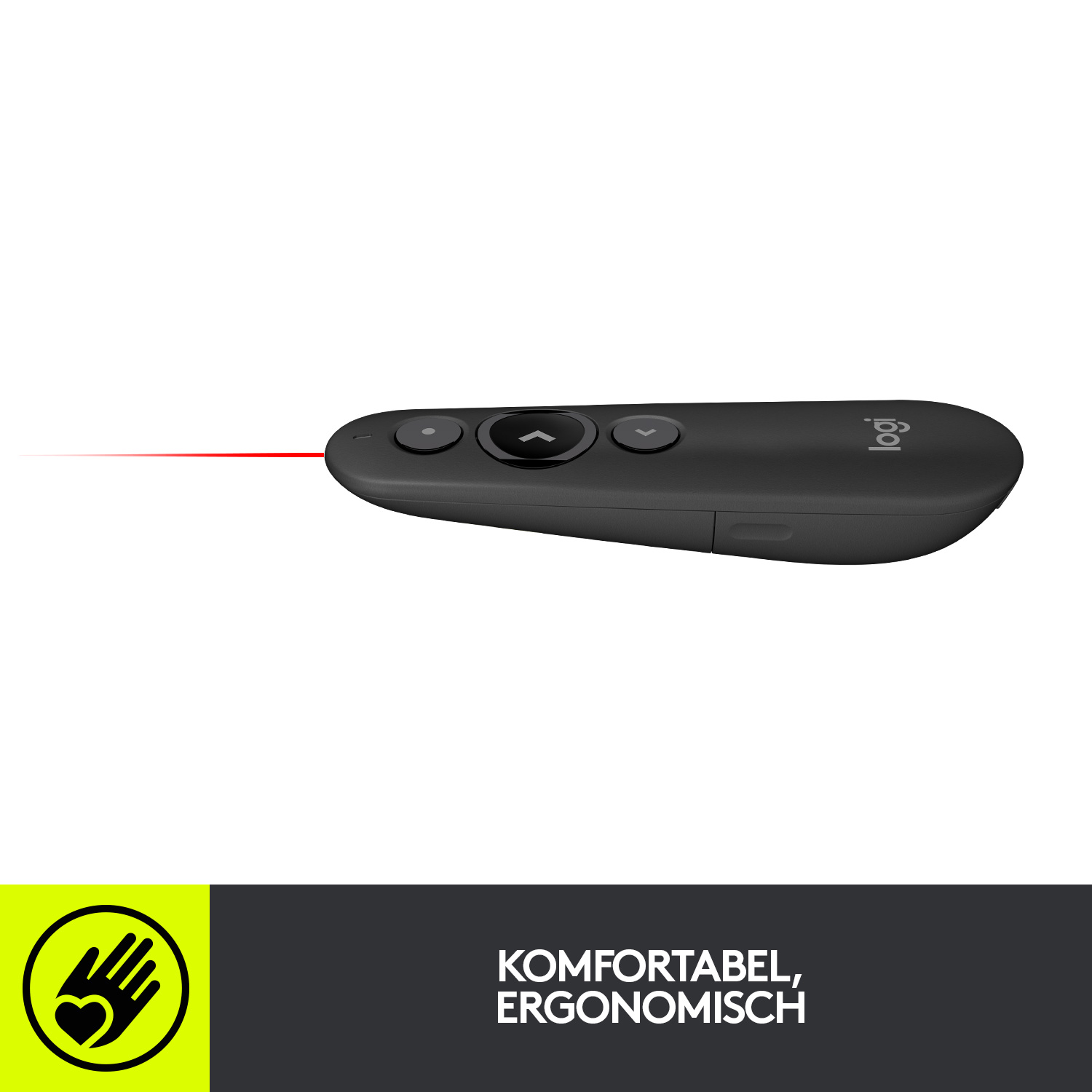 Schwarze Präsentationsfernbedienung mit rotem Laserpointer.