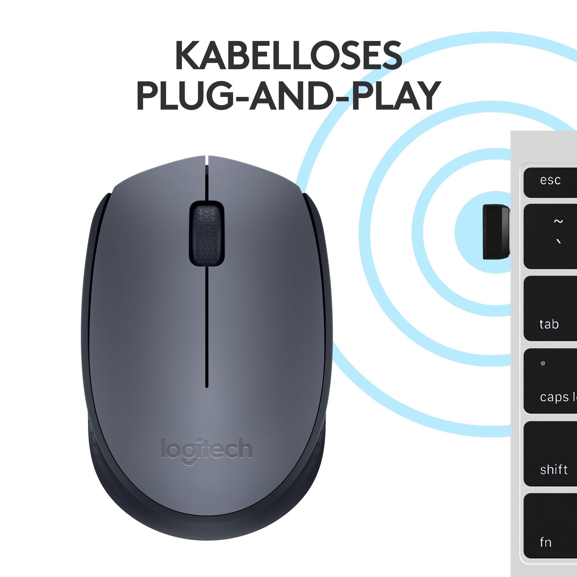 Maus mit Tastaturtasten, kabelloses Setup. Blauer Akzent, weißer Hintergrund.