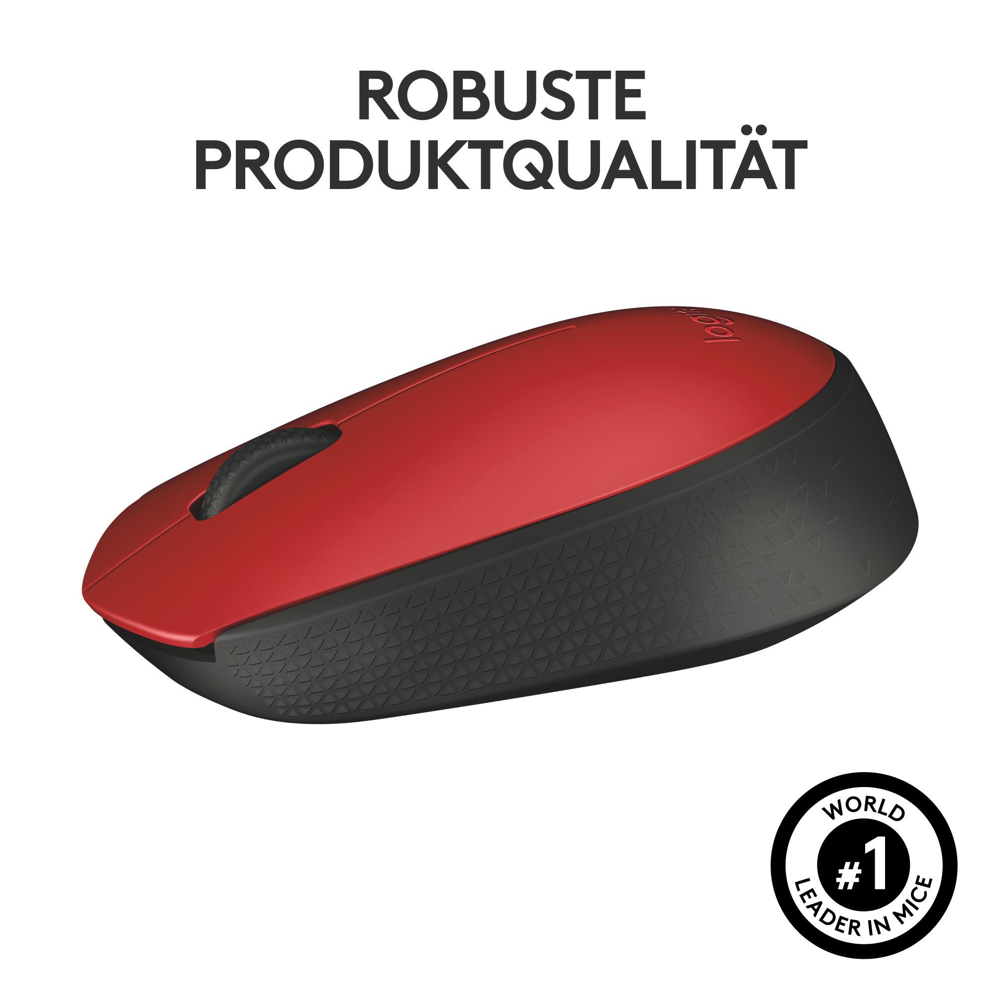 Eine rot-schwarze Computermaus mit dem Text "World #1 Leader in Mice".