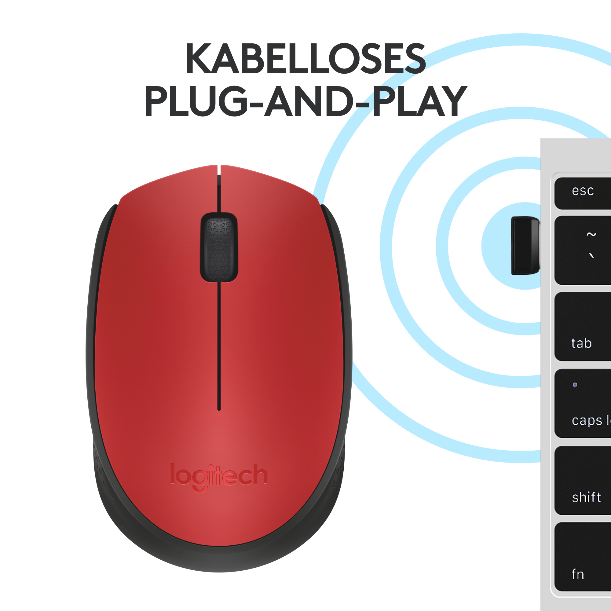 Rote kabellose Logitech-Maus neben einer Tastatur. Über der Maus steht 'KABELLOSES PLUG-AND-PLAY'.