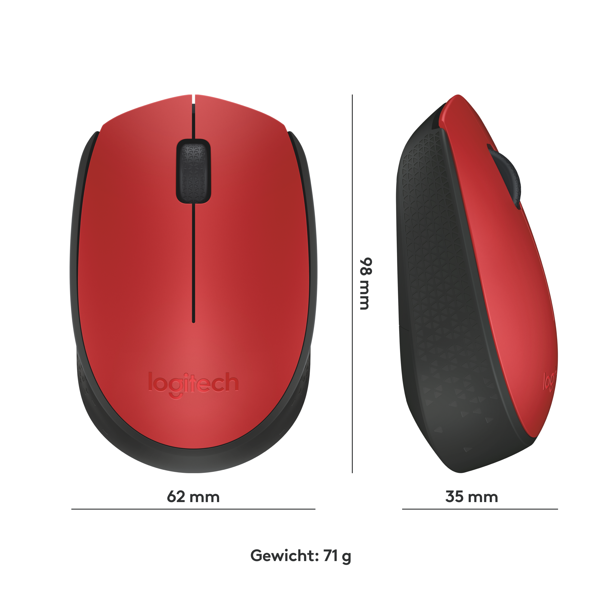 Rote und schwarze Logitech-Maus von oben und seitlich, mit Maßen und Gewicht gezeigt.