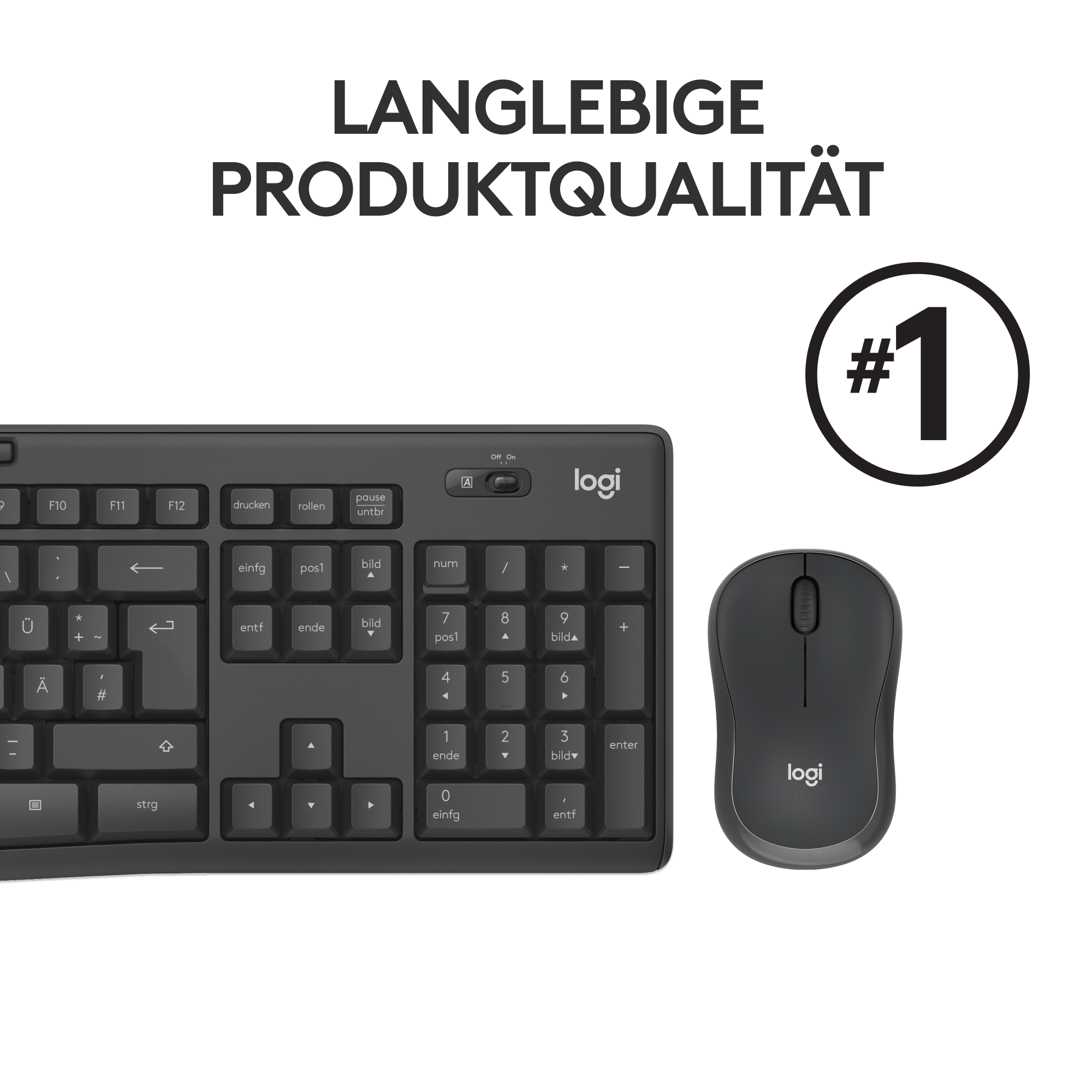 Ein schwarzes Logitech-Tastatur- und Maus-Set. Die Tastatur hat einen weißen Hintergrund. Die Maus ist rechts.