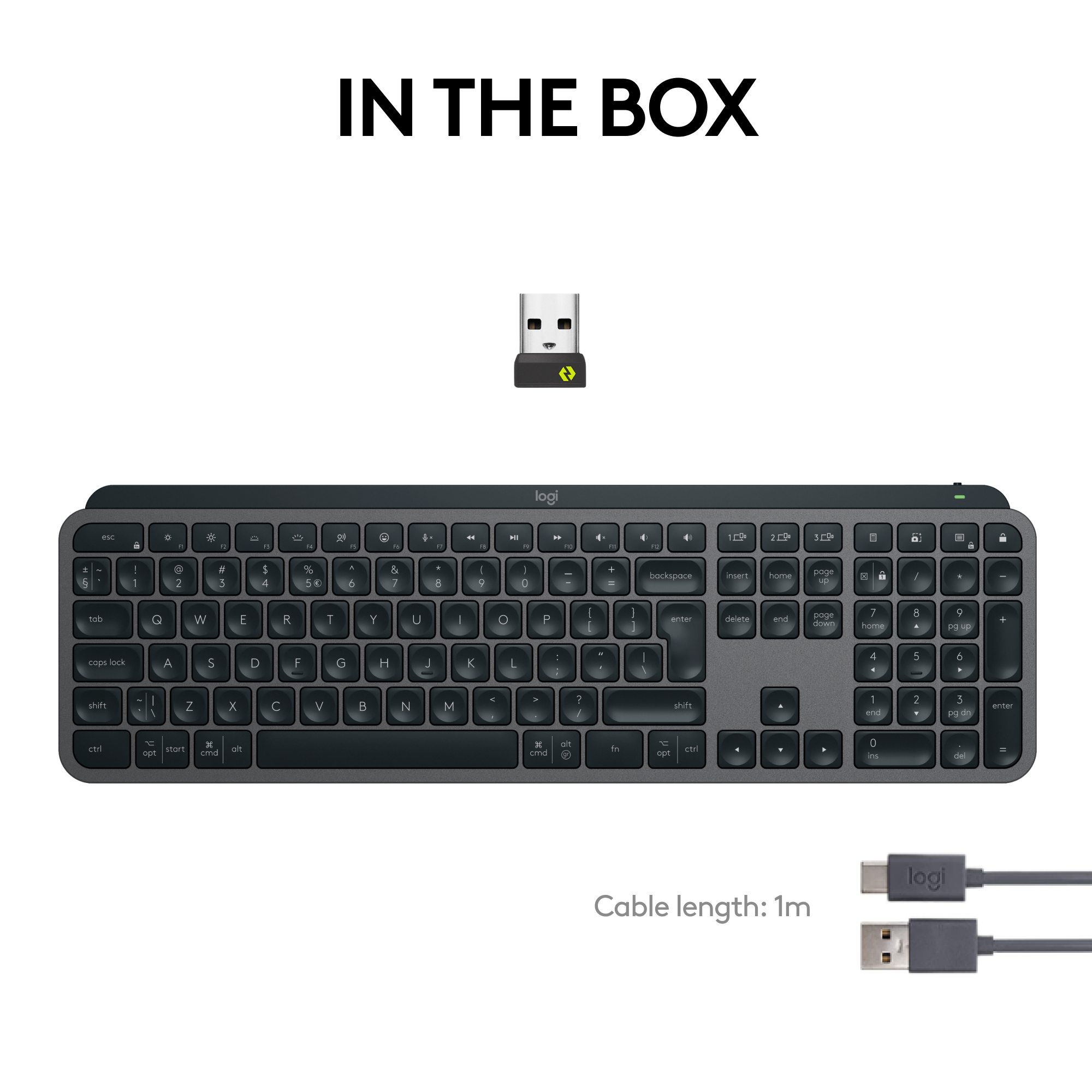 Clavier sans fil avec dongle et câble. Clavier noir avec lettres blanches. Fond blanc.