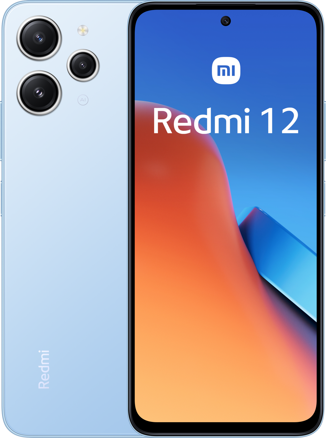 Un smartphone Xiaomi Redmi 12 azul claro, mostrando la parte delantera y trasera. Conjunto de cámaras en la parte trasera.