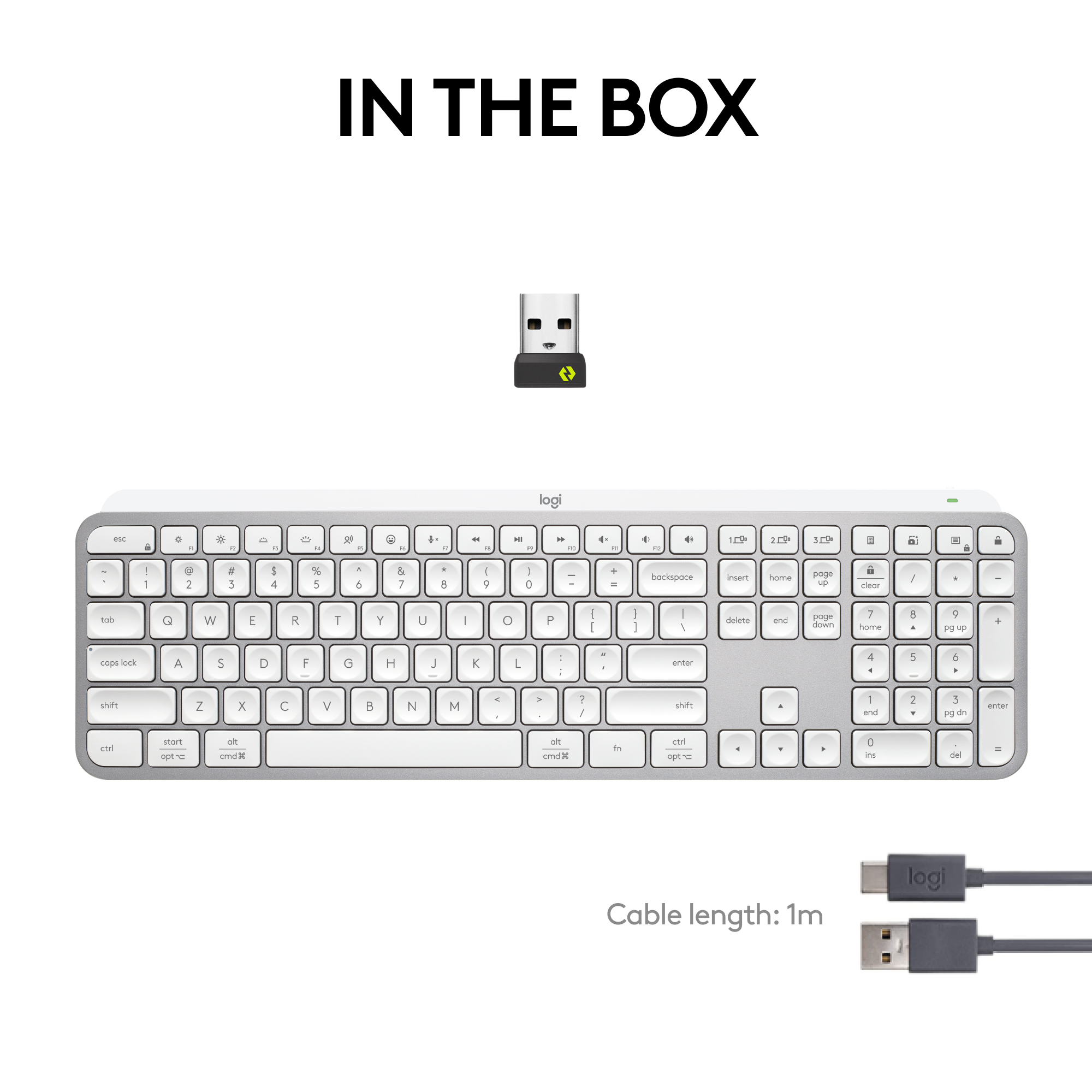 Il set tastiera include tastiera, ricevitore USB e cavo USB-C. La tastiera è bianca con tastiera nera.