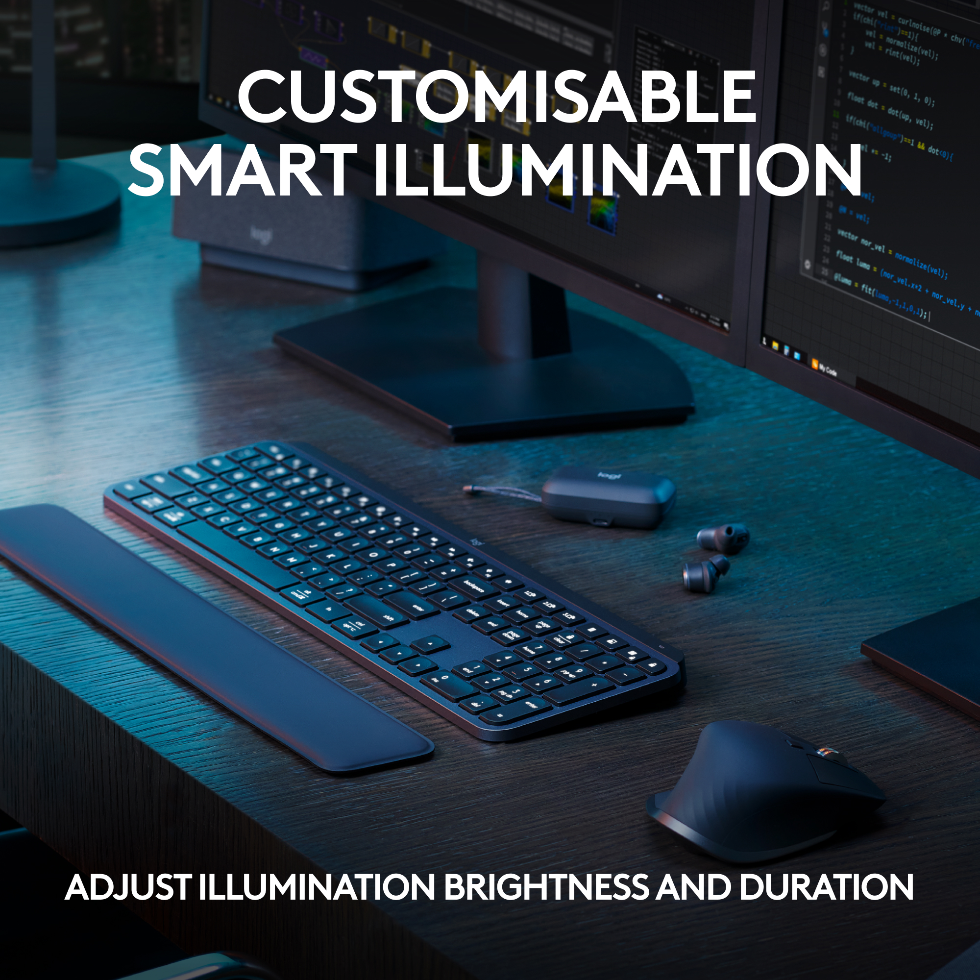 Ein Schreibtisch mit Tastatur, Maus und Handgelenkauflage. Der Bildschirm zeigt Code. Text lautet: CUSTOMISABLE SMART ILLUMINATION.