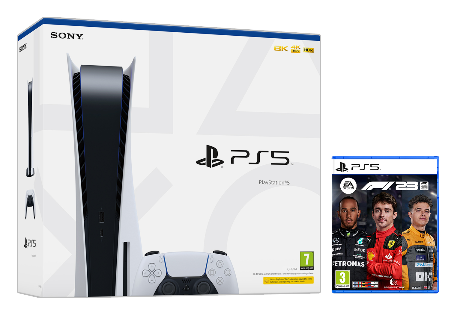 Consola PlayStation 5 y caja de juego. Consola blanca con centro negro. Juego es F1 23.