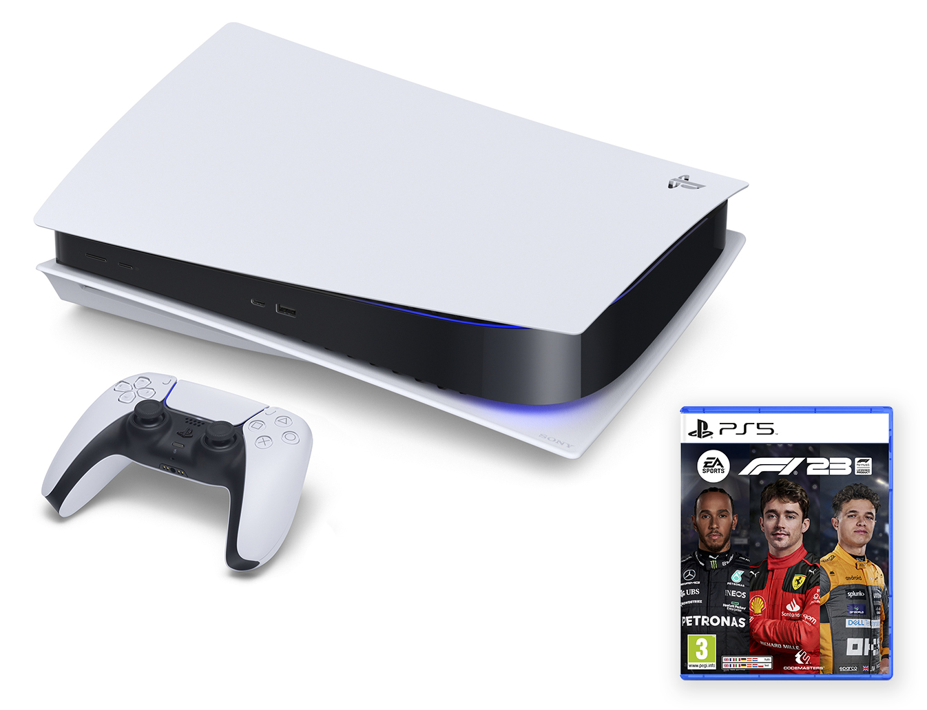 Consola Playstation 5 blanca, mando y una caja de juego. El juego es F1 23.